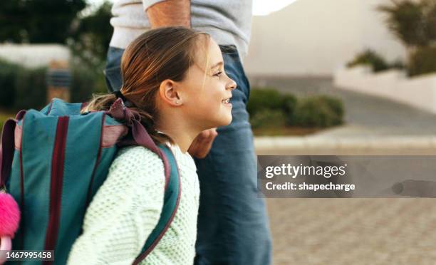 girl, preschool and parent walking to school with kid excited and happy for education, child development and learning. backpack, learner and daughter ready, confident and smile in morning for class - preschool student stock pictures, royalty-free photos & images