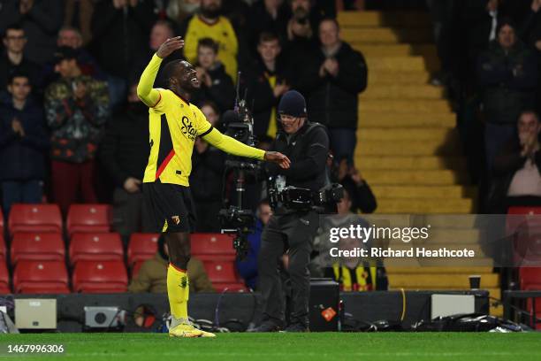 Ken Sema of Watford celebrates after scoring the team's first goal during the Sky Bet Championship match between Watford and West Bromwich Albion at...