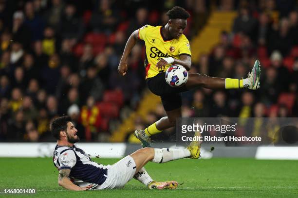 Okay Yokuslu of West Bromwich Albion tackles Ismael Kone of Watford during the Sky Bet Championship match between Watford and West Bromwich Albion at...