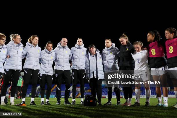 Mo Marley, Head Coach of England speaks to their players in a huddle after the International Friendly match between England and Belgium at Prenton...