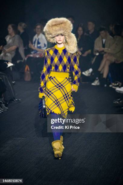 Model walks the runway at the Burberry show during London Fashion Week February 2023 on February 20, 2023 in London, England.