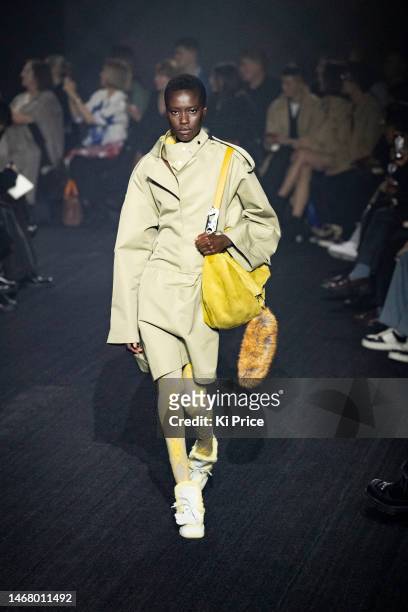 Model walks the runway at the Burberry show during London Fashion Week February 2023 on February 20, 2023 in London, England.