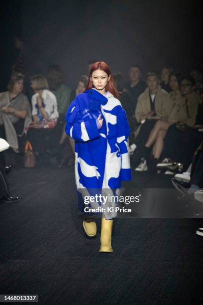 Model walks the runway at the Burberry show during London Fashion Week February 2023 on February 20, 2023 in London, England.