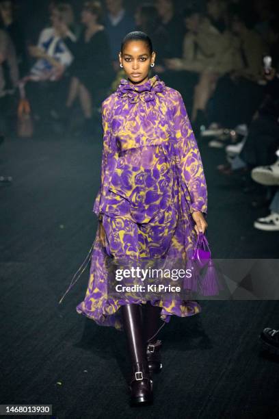 Model walks the runway at the Burberry show during London Fashion Week February 2023 on February 20, 2023 in London, England.