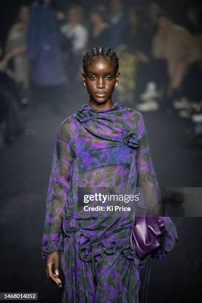 Model walks the runway at the Burberry show during London Fashion Week February 2023 on February 20, 2023 in London, England.