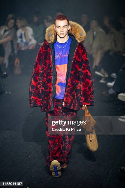 Model walks the runway at the Burberry show during London Fashion Week February 2023 on February 20, 2023 in London, England.