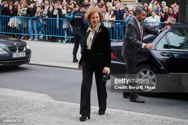 Queen Sofia of Spain arrives to the "Iberoamerican Patronage Awards" by the Callia Foundation 2023 at Real Academia de Bellas Artes on February 20,...