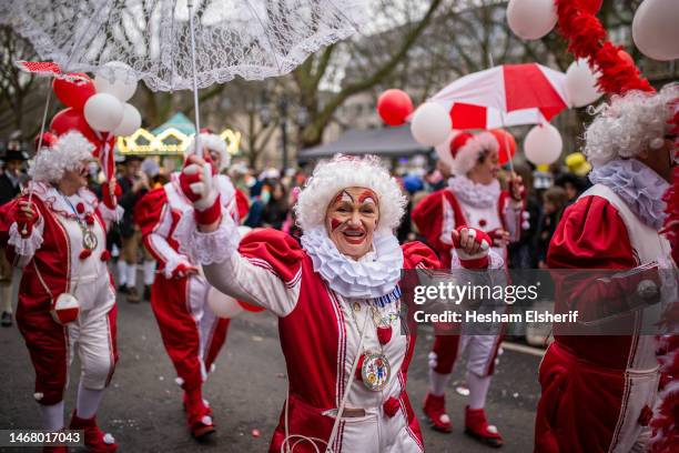 Carnivalists attend the annual Rose Monday carnival parade on February 20, 2023 in Dusseldorf, Germany. Carnival season is underway across the...