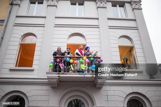 Spectators watch the annual Rose Monday carnival parade on February 20, 2023 in Dusseldorf, Germany. Carnival season is underway across the Rhineland...