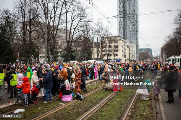 Carnival-goers attend the annual Rose Monday carnival parade on February 20, 2023 in Dusseldorf, Germany. Carnival season is underway across the...