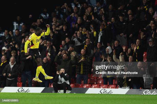 Ken Sema of Watford celebrates with fans after scoring the team's third goal during the Sky Bet Championship match between Watford and West Bromwich...