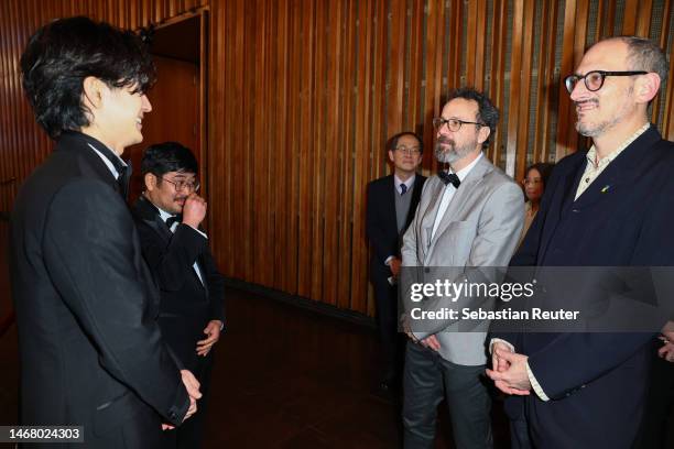 Yuto Nakajima, Kazuyoshi Kumakiri, Carlo Chatrian and Mark Peranson at the "#Manhole" premiere during the 73rd Berlinale International Film Festival...