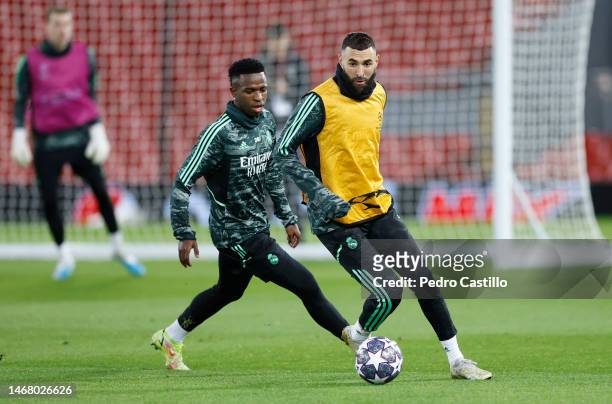Karim Benzema, player of Real Madrid, is training with his teammates ahead of their UEFA Champions League round of 16 match against Liverpool FC at...