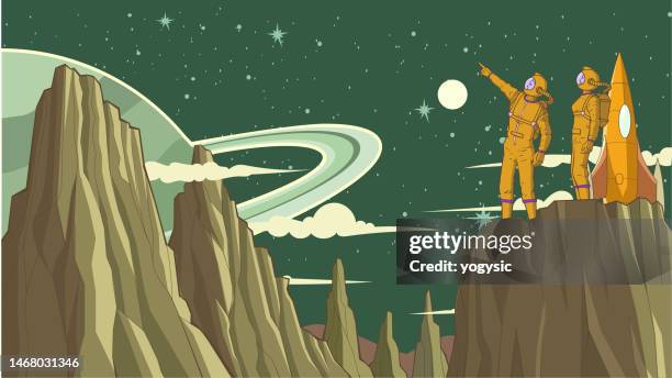a vertical cartoon style vector illustration of two retro atompunk era astronauts exploring a new alien planet. wide space available for your copy. - alien planet stock illustrations