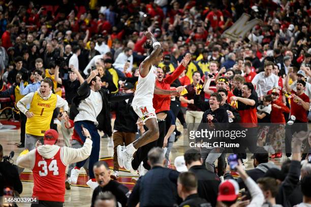 Julian Reese of the Maryland Terrapins celebrates with fans after a 68-54 victory against the Purdue Boilermakers at Xfinity Center on February 16,...