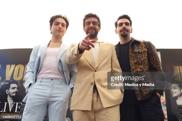 Gianluca Ginoble, Piero Barone and Ignazio Boschetto of Il Volo pose for photos during a press conference at Colonia Roma on February 20, 2023 in...