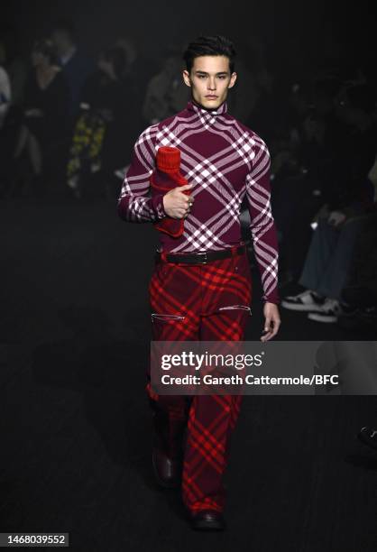 Model walks the runway at the Burberry show during London Fashion Week February 2023 on February 20, 2023 in London, England.