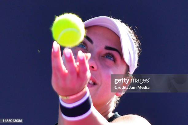 Ana Konjuh of Croatia serves in the first round singles match against Nuria Parrizas of Spain as part of the Merida Open Akron 2023 - Day 3 at...