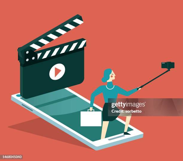 video marketing - mobile phone - businesswoman - branded content stock illustrations