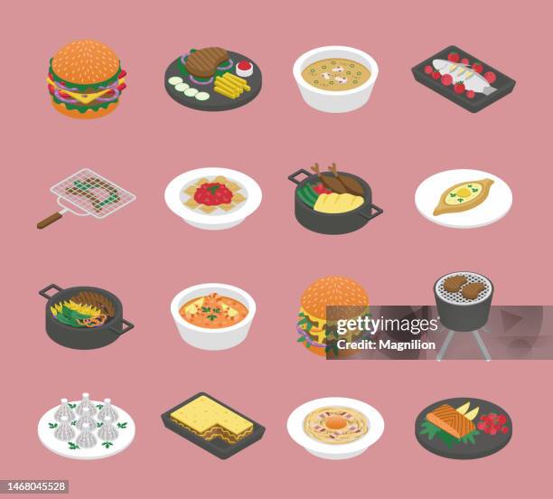 bildbanksillustrationer, clip art samt tecknat material och ikoner med food, different dishes isometric vector set - meat pie