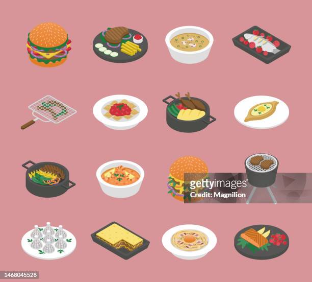food, different dishes isometric vector set - dumplings stock illustrations