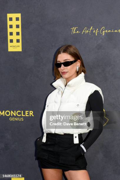 Hailey Bieber attends the Moncler Presents: The Art of Genius at Olympia London on February 20, 2023 in London, England.