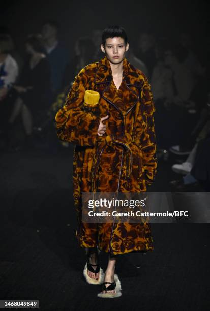 Model walks the runway at the Burberry show during London Fashion Week February 2023 on February 20, 2023 in London, England.