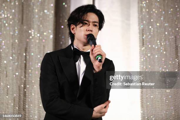 Yuto Nakajima speaks on stage at the "#Manhole" premiere during the 73rd Berlinale International Film Festival Berlin at Kino International on...