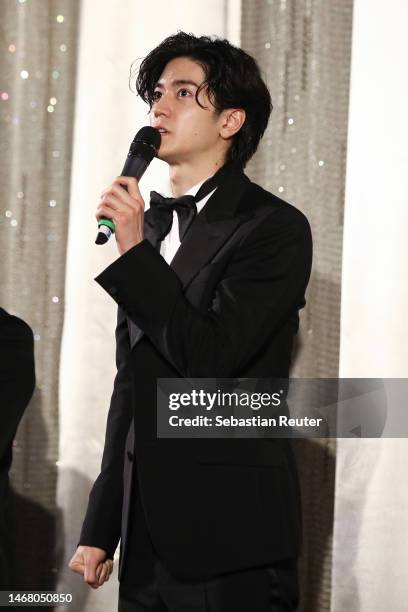 Yuto Nakajima speaks on stage at the "#Manhole" premiere during the 73rd Berlinale International Film Festival Berlin at Kino International on...