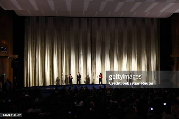 Kazuyoshi Kumakiri, Yuto Nakajima and Aurelie Godet speak on stage at the "#Manhole" premiere during the 73rd Berlinale International Film Festival...