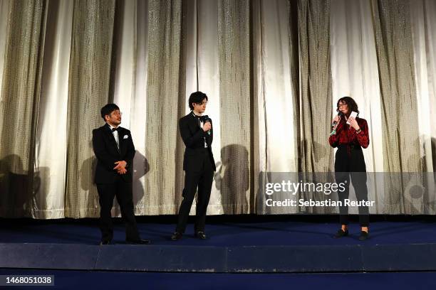 Kazuyoshi Kumakiri, Yuto Nakajima and Aurelie Godet speak on stage at the "#Manhole" premiere during the 73rd Berlinale International Film Festival...