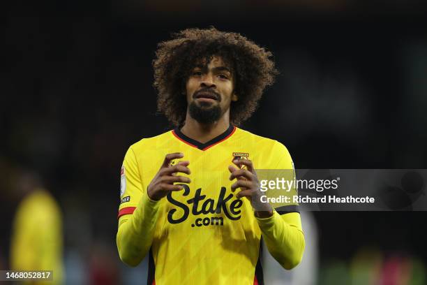 Hamza Choudhury of Watford in action during the Sky Bet Championship between Watford and West Bromwich Albion at Vicarage Road on February 20, 2023...