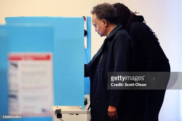Chicago Mayor Lori Lightfoot casts her ballot at an early voting site on February 20, 2023 in Chicago, Illinois. The incumbent mayor is among nine...
