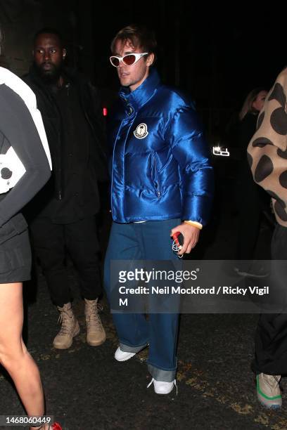 Justin Bieber is seen attending Moncler Genius show at Olympia London during London Fashion Week February 2023 on February 20, 2023 in London,...
