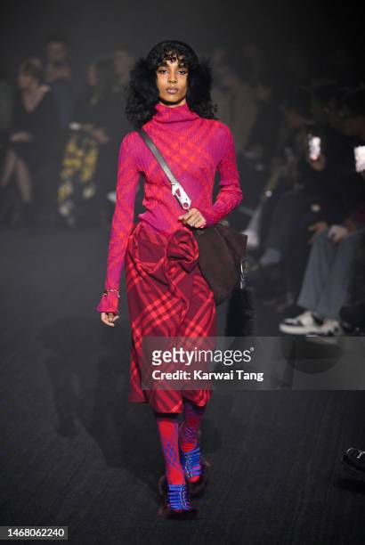 Model walks the runway at the Burberry show during London Fashion Week February 2023 in Kennington Park on February 20, 2023 in London, England.