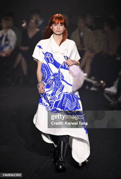 Model walks the runway at the Burberry show during London Fashion Week February 2023 in Kennington Park on February 20, 2023 in London, England.