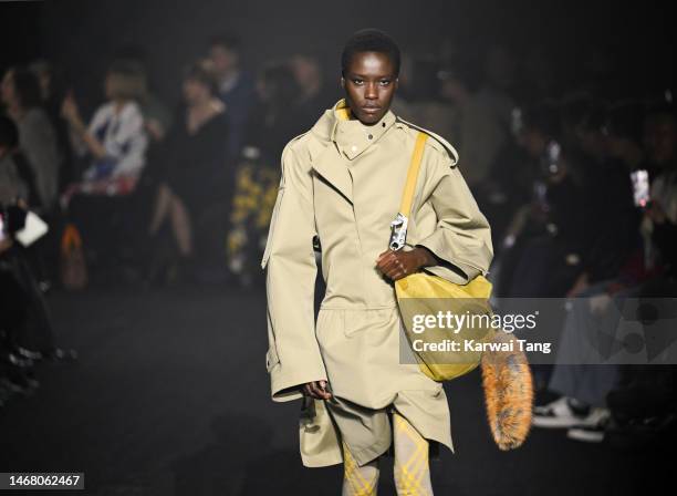 Model walks the runway at the Burberry show during London Fashion Week February 2023 in Kennington Park on February 20, 2023 in London, England.