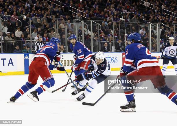 Nikolaj Ehlers of the Winnipeg Jets skates in against the New York Rangers during the first period at Madison Square Garden on February 20, 2023 in...