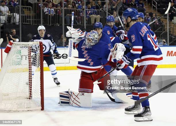 Igor Shesterkin of the New York Rangers makes the first period save against the Winnipeg Jets at Madison Square Garden on February 20, 2023 in New...