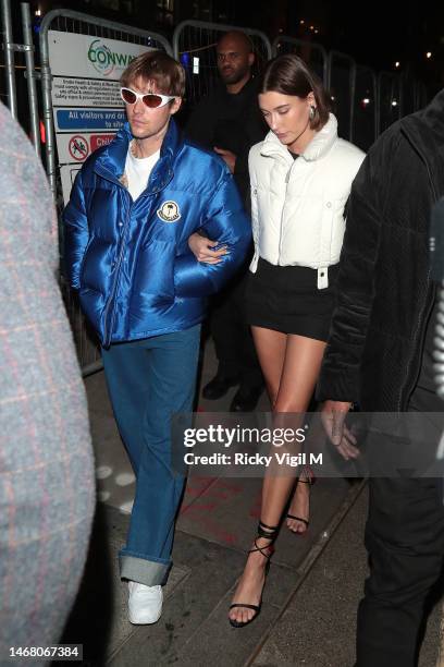 Justin Bieber and Hailey Bieber are seen at MiMi Mei Fair restaurant on February 20, 2023 in London, England.