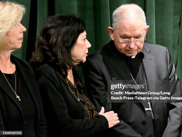 Los Angeles, CA Supervisor Hilda Solis consoles Archbishop Jose Gomez during a press conference in Los Angeles on Monday, February 20, 2023. The Los...