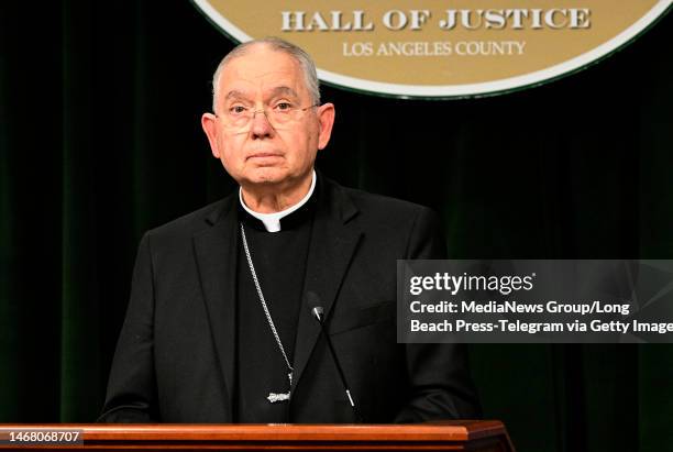 Los Angeles, CA Archbishop Jose Gomez paused during a press conference, overcome with emotion in Los Angeles on Monday, February 20, 2023. The Los...