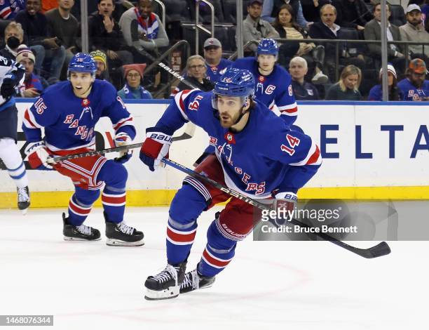 Tyler Motte of the New York Rangers skates in his first game for the team against the Winnipeg Jets at Madison Square Garden on February 20, 2023 in...