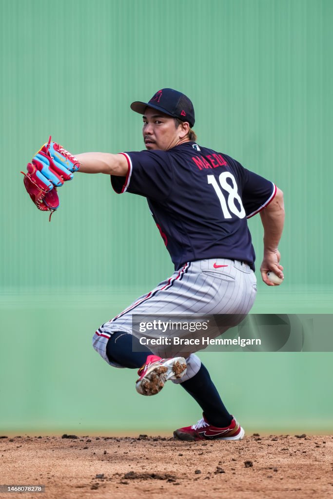Kenta Maeda of the Minnesota Twins pitches during a team workout on