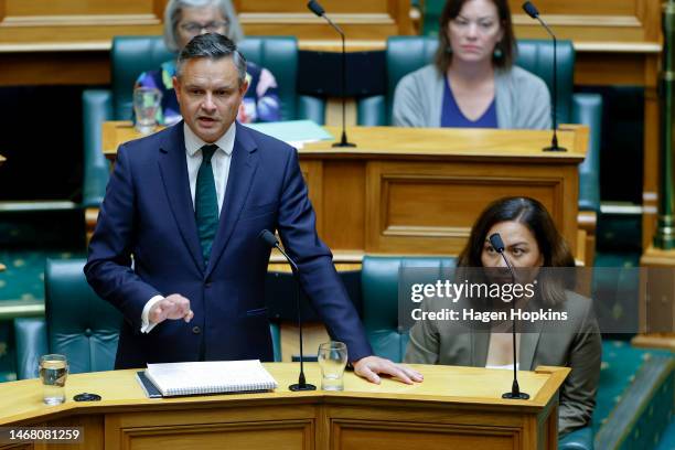 Green Party co-leader James Shaw speaks in the house while co-leader Marama Davidson looks on at Parliament on February 21, 2023 in Wellington, New...