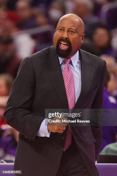 Head coach Mike Woodson of the Indiana Hoosiers reacts against the Northwestern Wildcats at Welsh-Ryan Arena on February 15, 2023 in Evanston,...