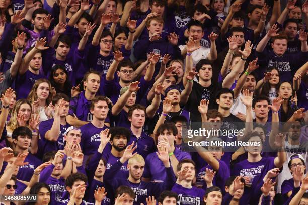 Northwestern Wildcats fans react against the Indiana Hoosiers during the second half at Welsh-Ryan Arena on February 15, 2023 in Evanston, Illinois.