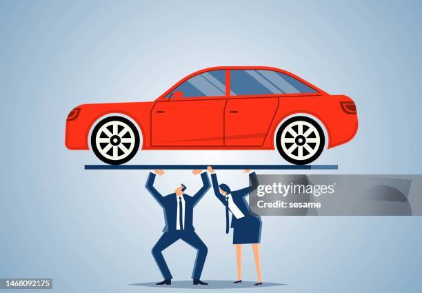 car loans, pressure to buy a car, mortgages to buy a car, the needs and pressure to buy a car for young couples in the modern lifestyle, young couples struggling to support the car on the balance bar. - car ownership stock illustrations