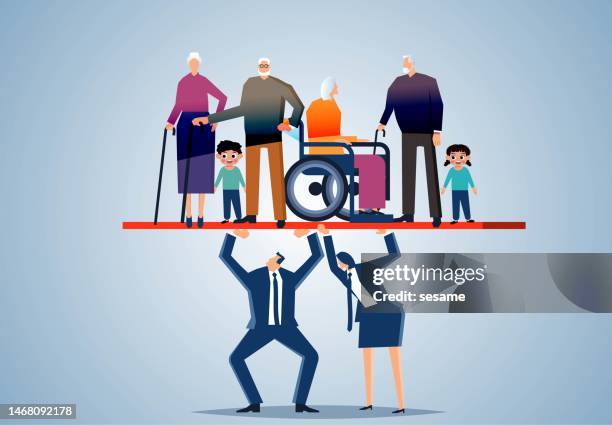 family financial burdens, retirement burdens, aging population, heavy living expenses, husband and wife supporting four seniors and two children on the balance bar. - emotional stress family stock illustrations