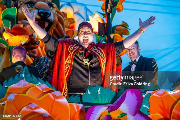 Celebrity monarch Joey Fatone rides in the 2023 Krewe of Orpheus parade on February 20, 2023 in New Orleans, Louisiana.